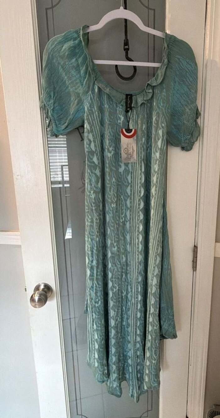 Sacred Threads Blue Patterned Short Sleeve Midi Dress